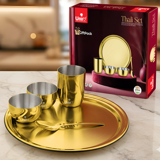 Stainless Steel PVD Gold Plated Thali Set | Premium Dinner Plate with Bowls, Spoon & Glass | Royal Gold Dinnerware for Home, Restaurant & Festive Gifting | Food Grade & Rust Proof