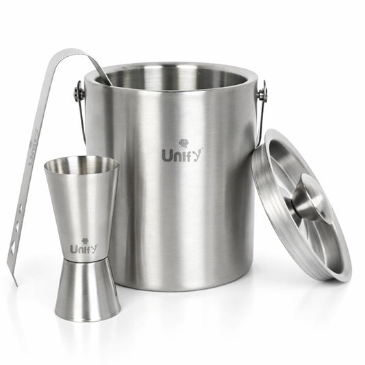 3 Pieces Stainless Steel Double Wall Ice Bucket Set (1 Litre) with Lid, Ice Tongs & 30/60 ml Peg Measurer | Insulated Ice Bucket for Home Bar, Parties & Cocktails, Bar Accessories