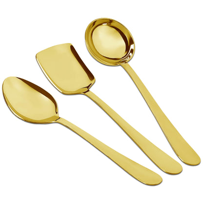 3-Piece Stainless Steel Golden Serving Spoons Set for Kitchen/Dining Table - Heavy Gauge PVD Gold (Soup Ladle, Solid Spoon, Rice Spoon) ROYALPVDGSS3 1