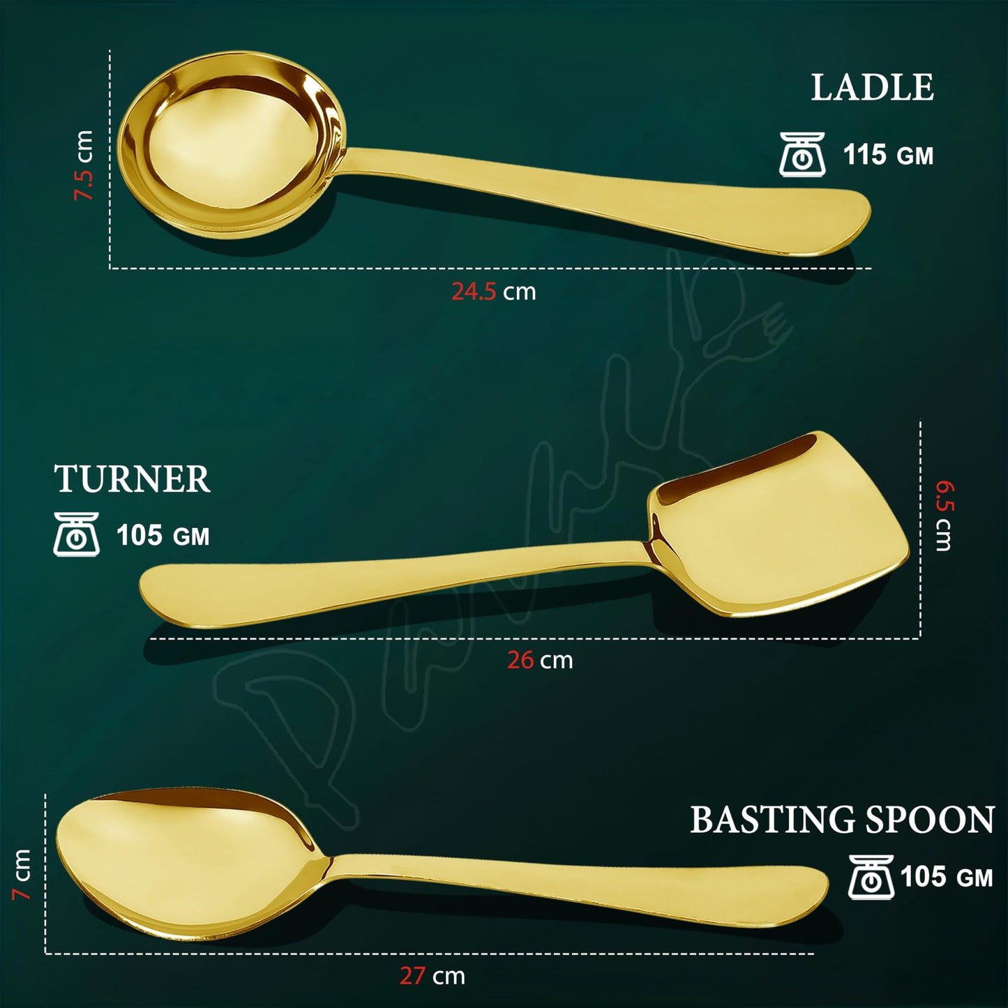 3-Piece Stainless Steel Golden Serving Spoons Set for Kitchen/Dining Table - Heavy Gauge PVD Gold (Soup Ladle, Solid Spoon, Rice Spoon) ROYALPVDGSS3 2