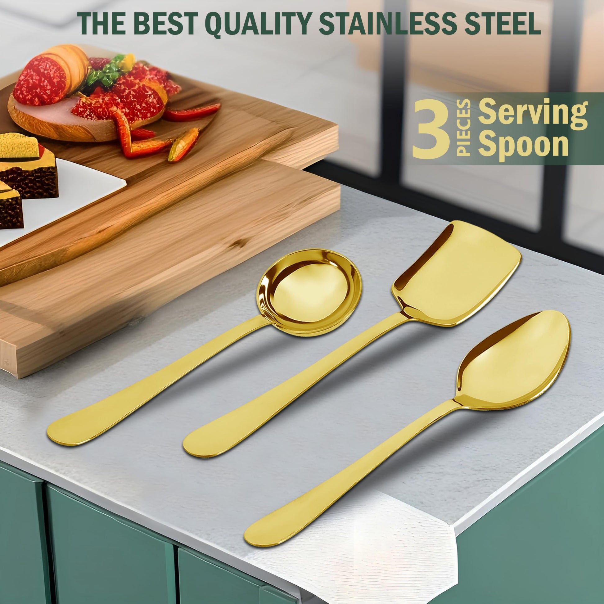 3-Piece Stainless Steel Golden Serving Spoons Set for Kitchen/Dining Table - Heavy Gauge PVD Gold (Soup Ladle, Solid Spoon, Rice Spoon) ROYALPVDGSS3 3