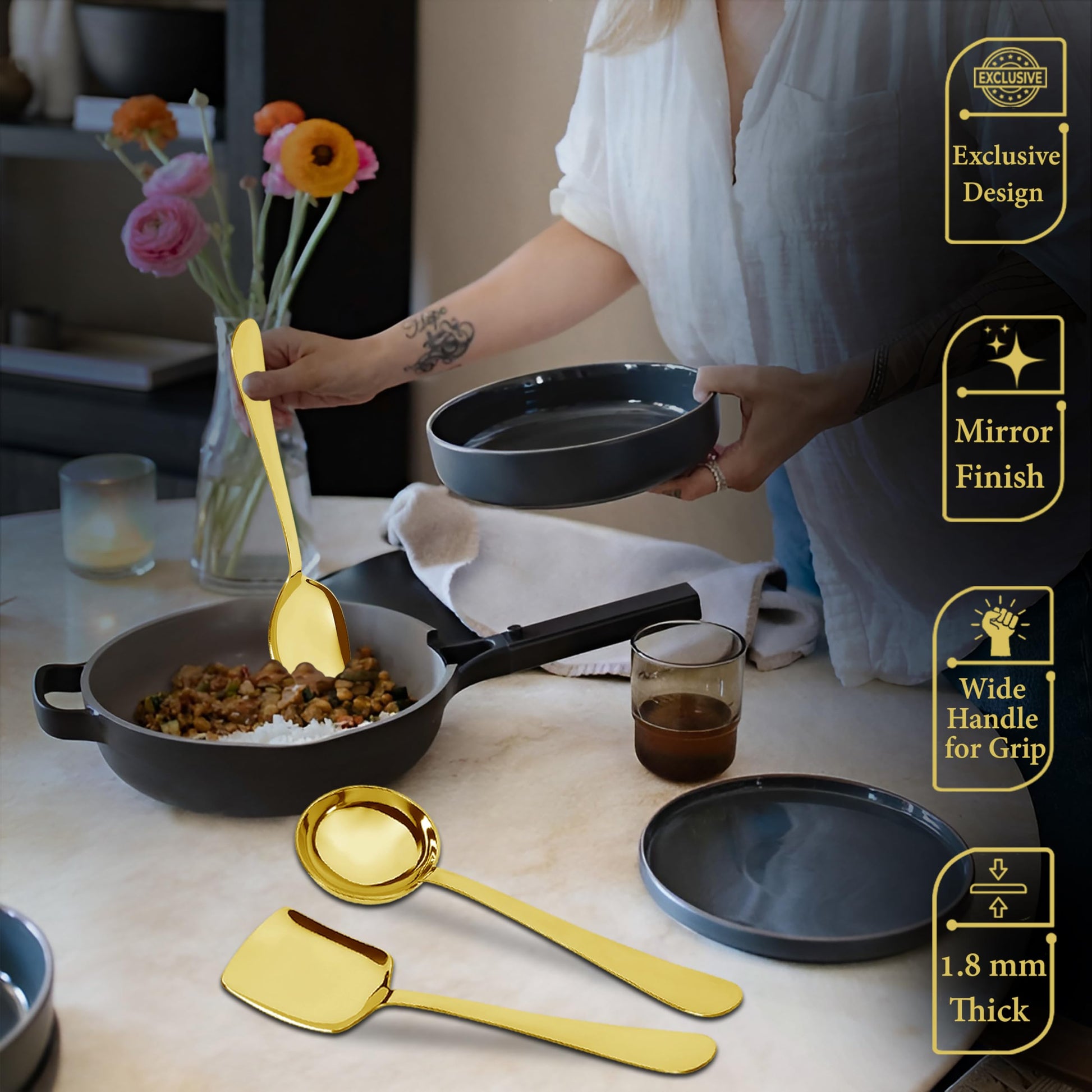 3-Piece Stainless Steel Golden Serving Spoons Set for Kitchen/Dining Table - Heavy Gauge PVD Gold (Soup Ladle, Solid Spoon, Rice Spoon) ROYALPVDGSS3 5