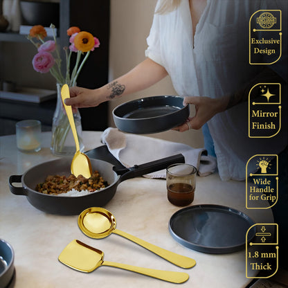 3-Piece Stainless Steel Golden Serving Spoons Set for Kitchen/Dining Table - Heavy Gauge PVD Gold (Soup Ladle, Solid Spoon, Rice Spoon) ROYALPVDGSS3 5