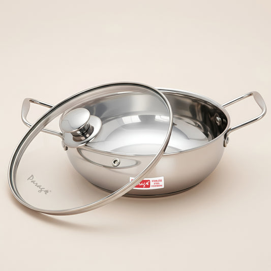 1 Pieces Stainless Steel Mini Kadhai 1.5 Litre with Glass Lid For 2–3 People | Gas & Induction Friendly Encapsulated Base | Rust-Resistant Cookware for Daily Cooking