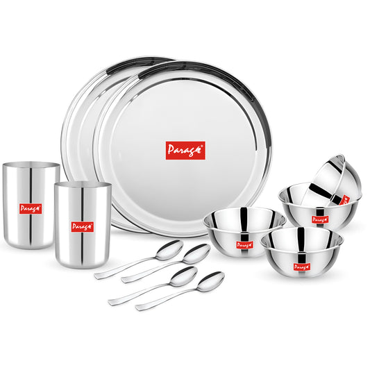 12pc Stainless Steel Dinner Set | Heavy Gauge Thali | Serves 2 | Sanskrit Plain Design