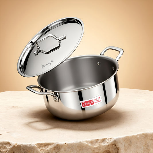 1 Piece Triply Stainless Steel Biryani Pot 1700 ML with Stainless Steel Lid | ISI Marked Tri-Ply Handi Casserole for Induction & Gas | Even Heat Distribution | Compact Cook & Serve Pot