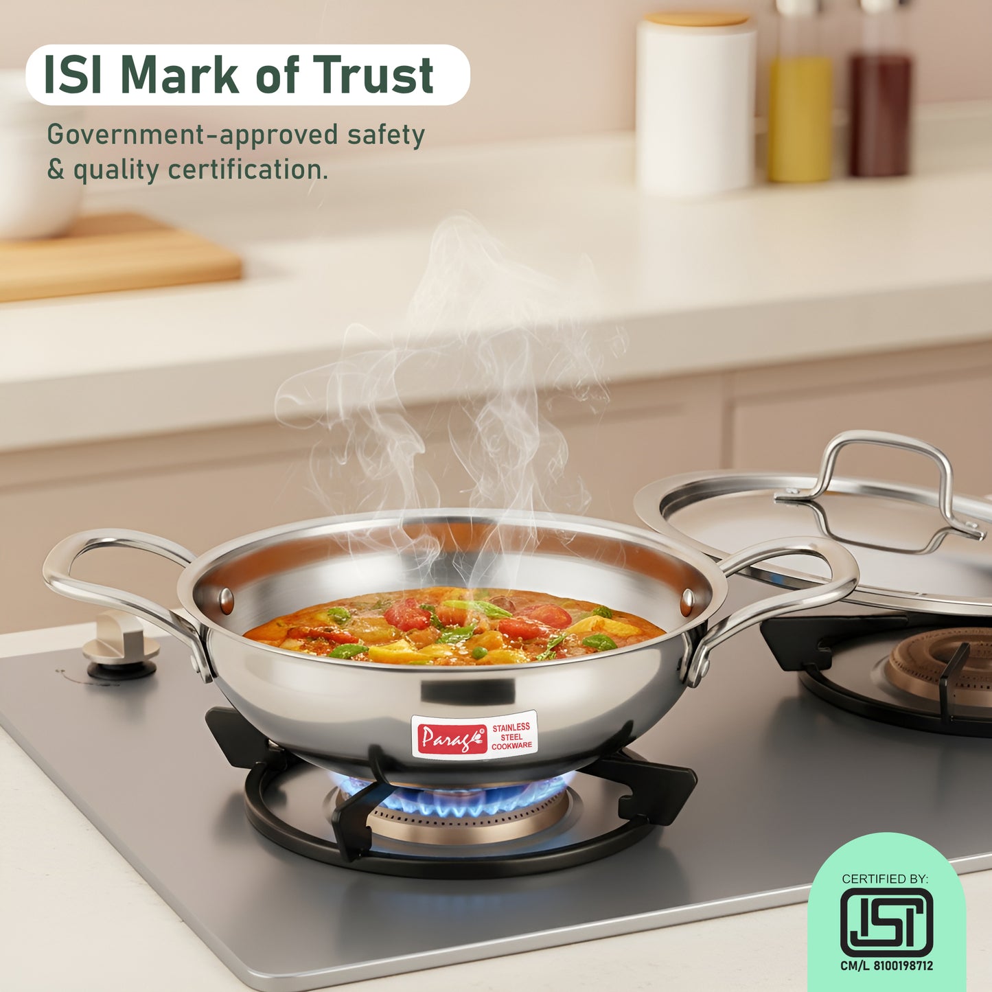Tripure Triply Stainless Steel Kadai with Lid 22 cm, 1.5 LTR | ISI Mark Certified | Heavy Bottom SAS Triply Kadhai for Deep Frying & Cooking | Induction & Gas Stove Compatible, 5 Years Warranty