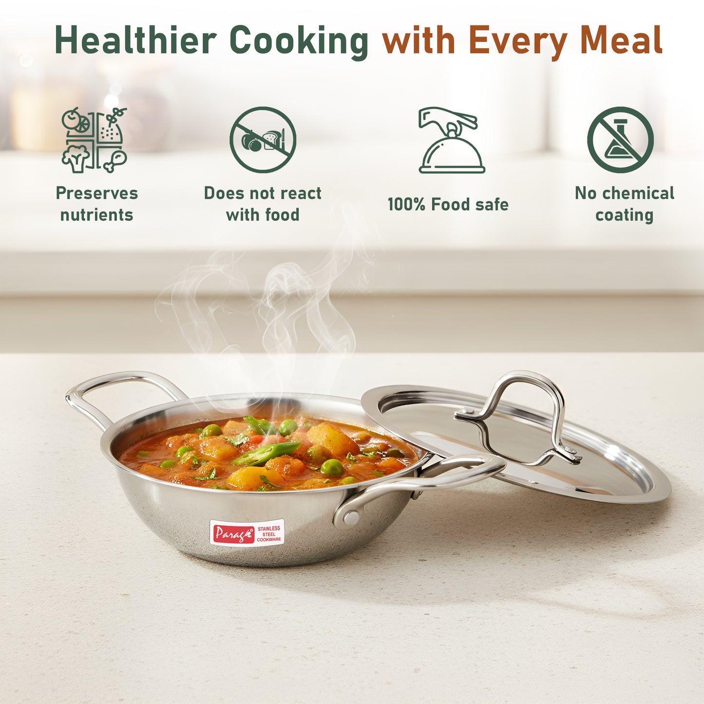 Tripure Triply Stainless Steel Kadai with Lid 22 cm, 1.5 LTR | ISI Mark Certified | Heavy Bottom SAS Triply Kadhai for Deep Frying & Cooking | Induction & Gas Stove Compatible, 5 Years Warranty