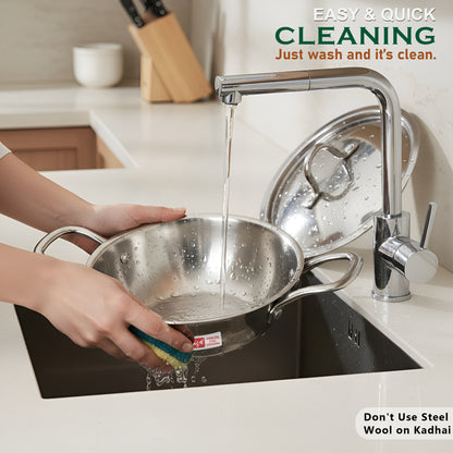 Tripure Triply Stainless Steel Kadai with Lid 22 cm, 1.5 LTR | ISI Mark Certified | Heavy Bottom SAS Triply Kadhai for Deep Frying & Cooking | Induction & Gas Stove Compatible, 5 Years Warranty