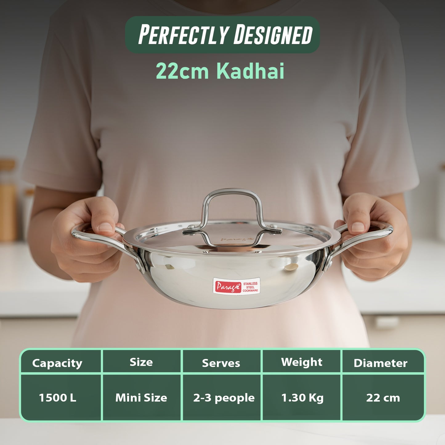 Tripure Triply Stainless Steel Kadai with Lid 22 cm, 1.5 LTR | ISI Mark Certified | Heavy Bottom SAS Triply Kadhai for Deep Frying & Cooking | Induction & Gas Stove Compatible, 5 Years Warranty