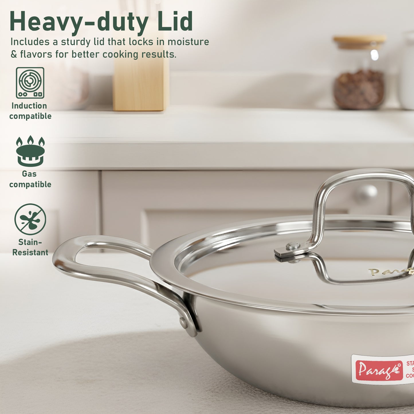 Tripure Triply Stainless Steel Kadai with Lid 22 cm, 1.5 LTR | ISI Mark Certified | Heavy Bottom SAS Triply Kadhai for Deep Frying & Cooking | Induction & Gas Stove Compatible, 5 Years Warranty