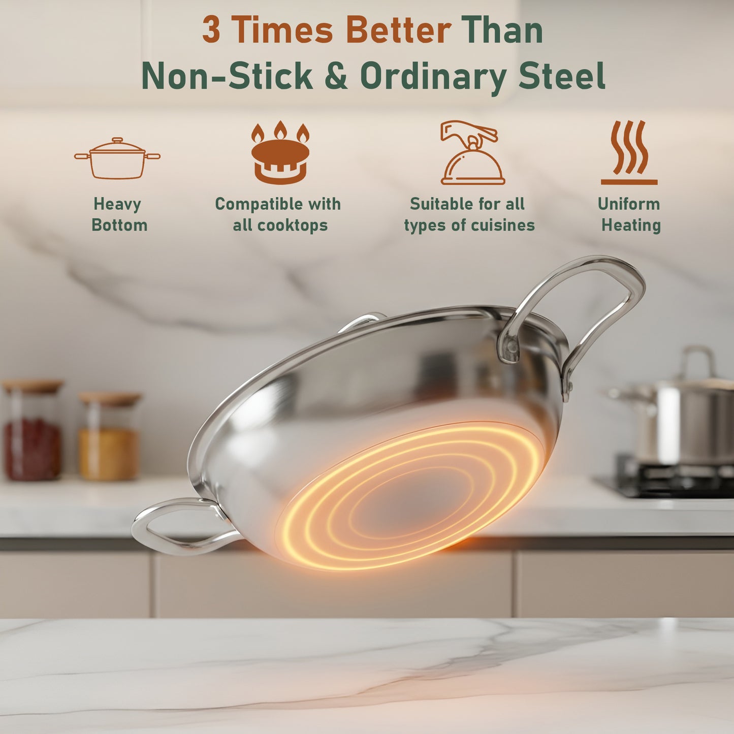 Tripure Triply Stainless Steel Kadai with Lid 22 cm, 1.5 LTR | ISI Mark Certified | Heavy Bottom SAS Triply Kadhai for Deep Frying & Cooking | Induction & Gas Stove Compatible, 5 Years Warranty