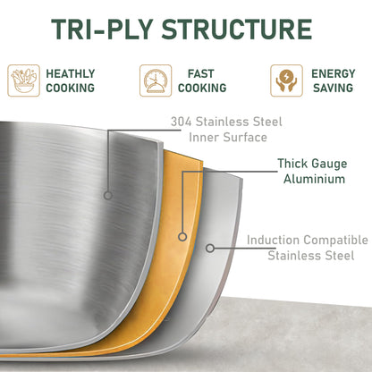 Tripure Triply Stainless Steel Kadai with Lid 22 cm, 1.5 LTR | ISI Mark Certified | Heavy Bottom SAS Triply Kadhai for Deep Frying & Cooking | Induction & Gas Stove Compatible, 5 Years Warranty