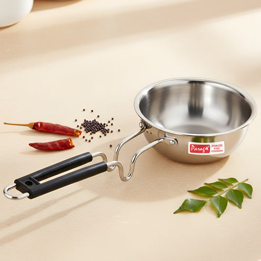 1 Piece Tryply Stainless Steel Tadka Pan 500ml with Heat Resistant Handle | Small Deep Tempering Pan for Dal, Ghee & Curry | Durable Steel Tadka Pan for Indian Cooking (13 cm Diameter)