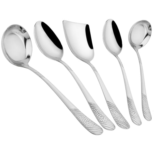 5 Pcs Stainless Steel Serving Spoon Set for Kitchen & Dining – 1.8mm Heavy Gauge, 2 Soup Ladles, 2 Solid & 1 Rice Spoon, Silver (Pack of 5)