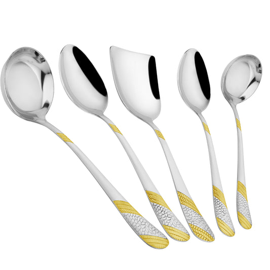 5 Pcs Stainless Steel Gold Serving Spoon Set for Kitchen & Dining – 1.8mm Heavy Gauge, 2 Soup Ladles, 2 Solid & 1 Rice Spoon, 24K Gold (Pack of 5)