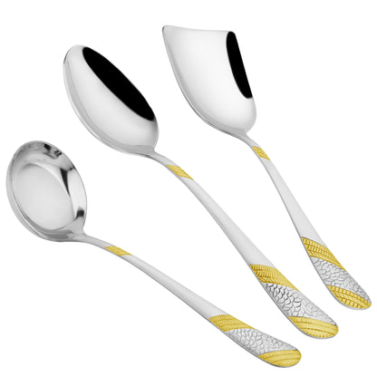 3 Pcs Stainless Steel Gold Serving Spoon Set for Kitchen & Dining – 1.8mm Heavy Gauge, 1 Soup Ladle, 1 Solid & 1 Rice Spoon, 24K Gold (Pack of 3)