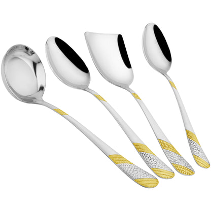 4 Pcs Stainless Steel Gold Serving Spoon Set for Kitchen & Dining – 1.8mm Heavy Gauge, 1 Soup Ladle, 1 Solid & 2 Rice Spoons, 24K Gold (Pack of 4)