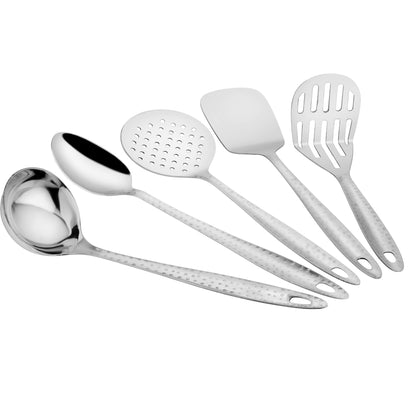 5 Pcs Stainless Steel Hammered Kitchen Tool Set for Cooking – 13” Spoons, Ladle, Skimmer, Turner, Spatula & Potato Masher, Silver