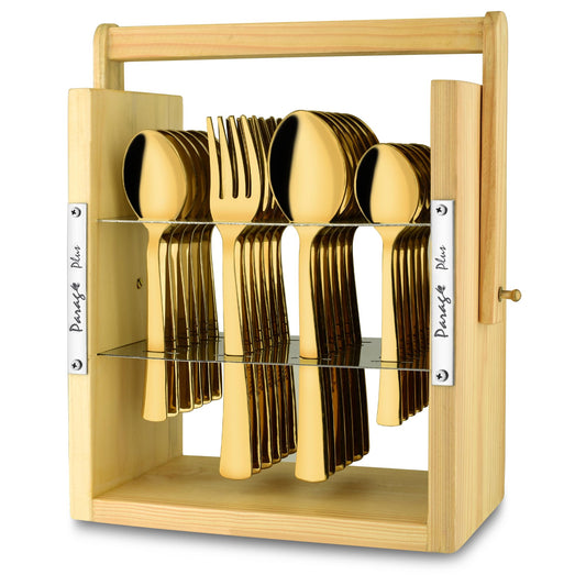 25-Piece Stainless Steel Cutlery Set with Wooden Stand, PVD Gold, and Hanging Shelves WDCSIMPPVDGBS 1