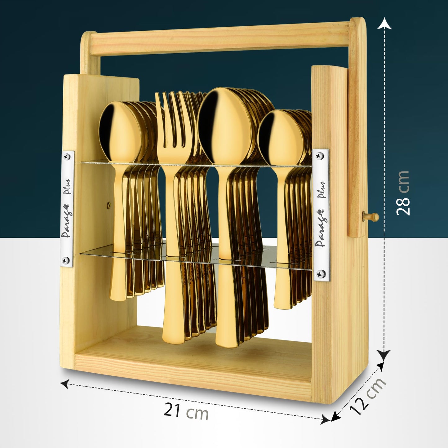25-Piece Stainless Steel Cutlery Set with Wooden Stand, PVD Gold, and Hanging Shelves WDCSIMPPVDGBS 3