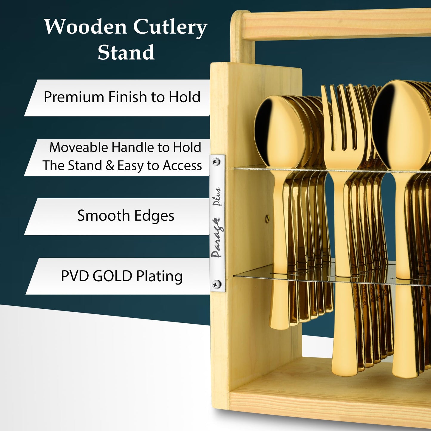 25-Piece Stainless Steel Cutlery Set with Wooden Stand, PVD Gold, and Hanging Shelves WDCSIMPPVDGBS 5