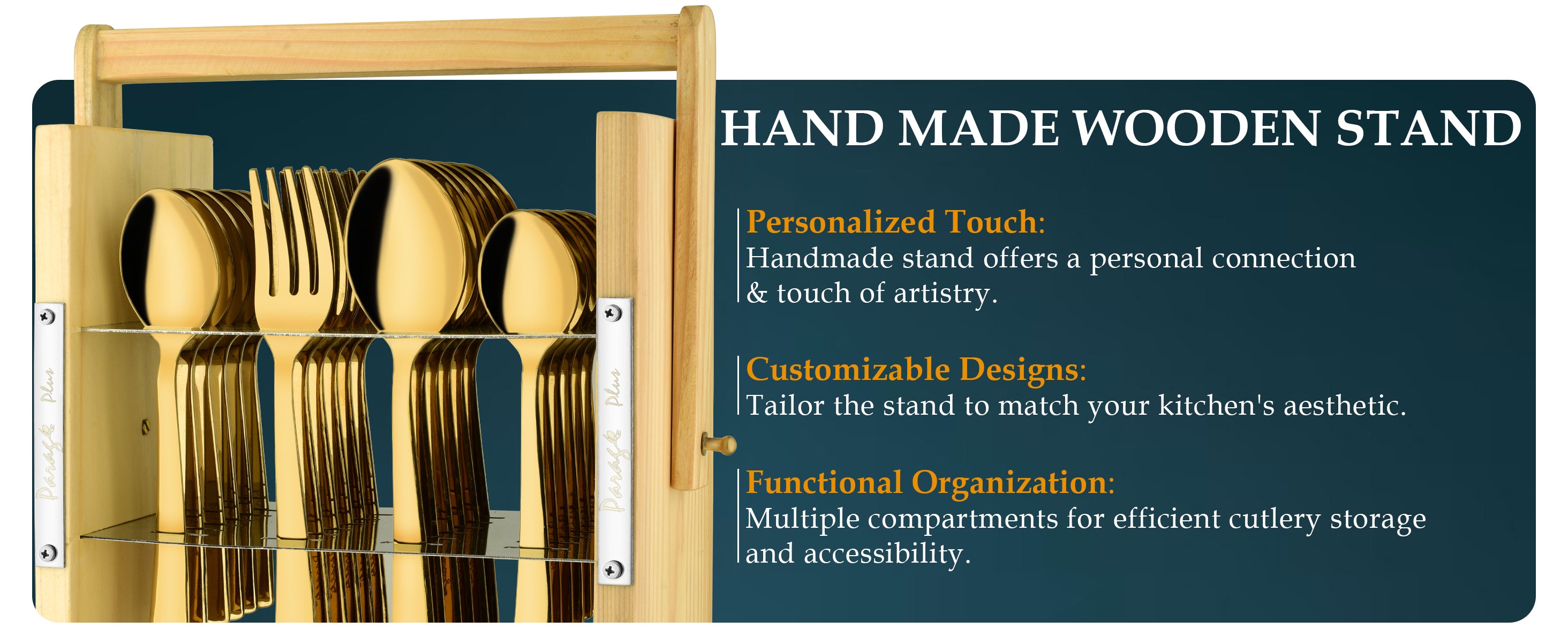 Handmade wooden cutlery stand with gold cutlery.