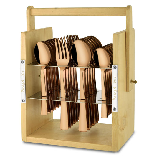 25-Piece Stainless Steel Cutlery Set with Wooden Stand, Premium Rose Gold Spoon Set WDCSIMPPVDRGBS 1