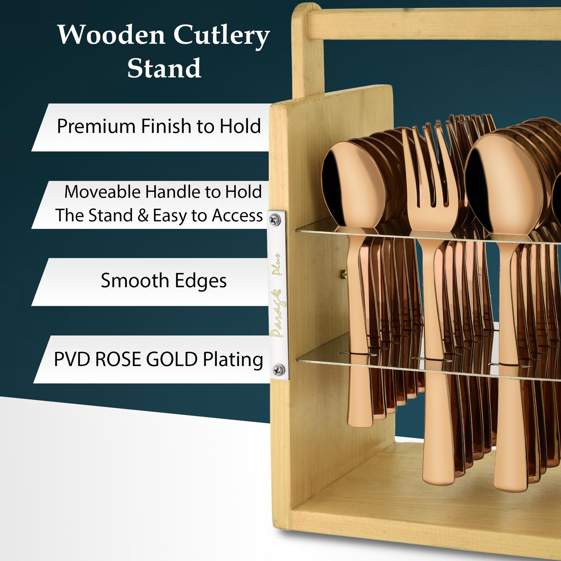 25-Piece Stainless Steel Cutlery Set with Wooden Stand, Premium Rose Gold Spoon Set WDCSIMPPVDRGBS 4