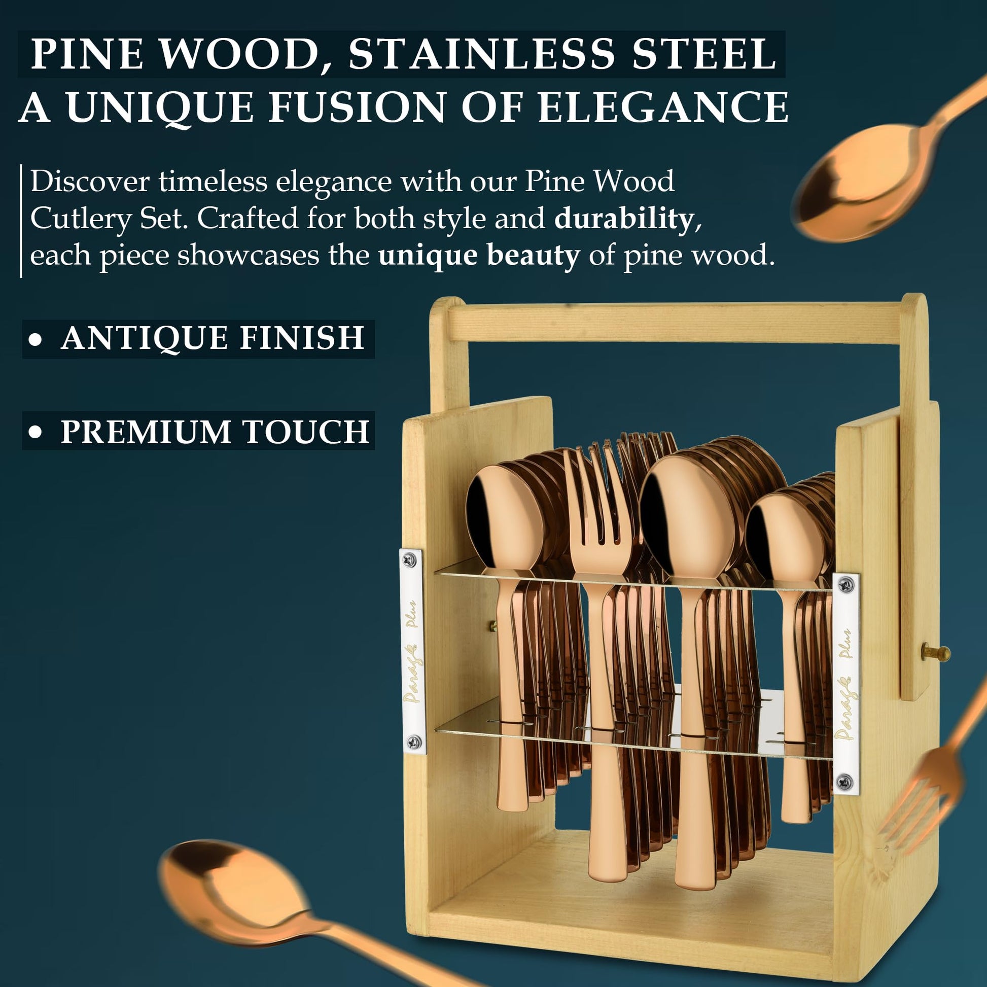 25-Piece Stainless Steel Cutlery Set with Wooden Stand, Premium Rose Gold Spoon Set WDCSIMPPVDRGBS 5