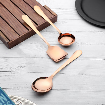 3-Piece Stainless Steel Rose Gold Serving Spoon Set | Heavy Gauge 1.8mm, 1 Soup, 1 Solid & 1 Rice Spoons ROYALPVDRGSS3 11
