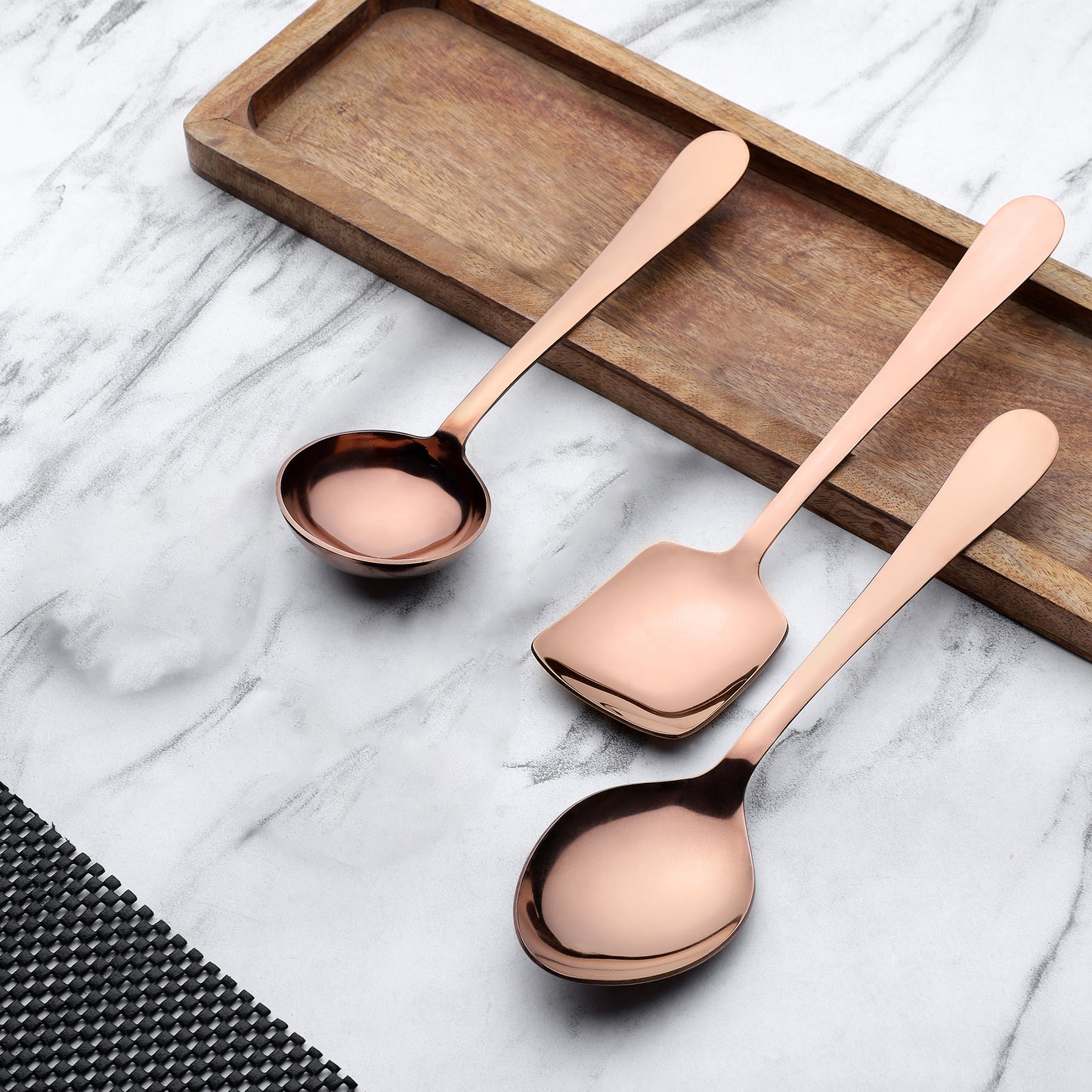 3-Piece Stainless Steel Rose Gold Serving Spoon Set | Heavy Gauge 1.8mm, 1 Soup, 1 Solid & 1 Rice Spoons ROYALPVDRGSS3 12