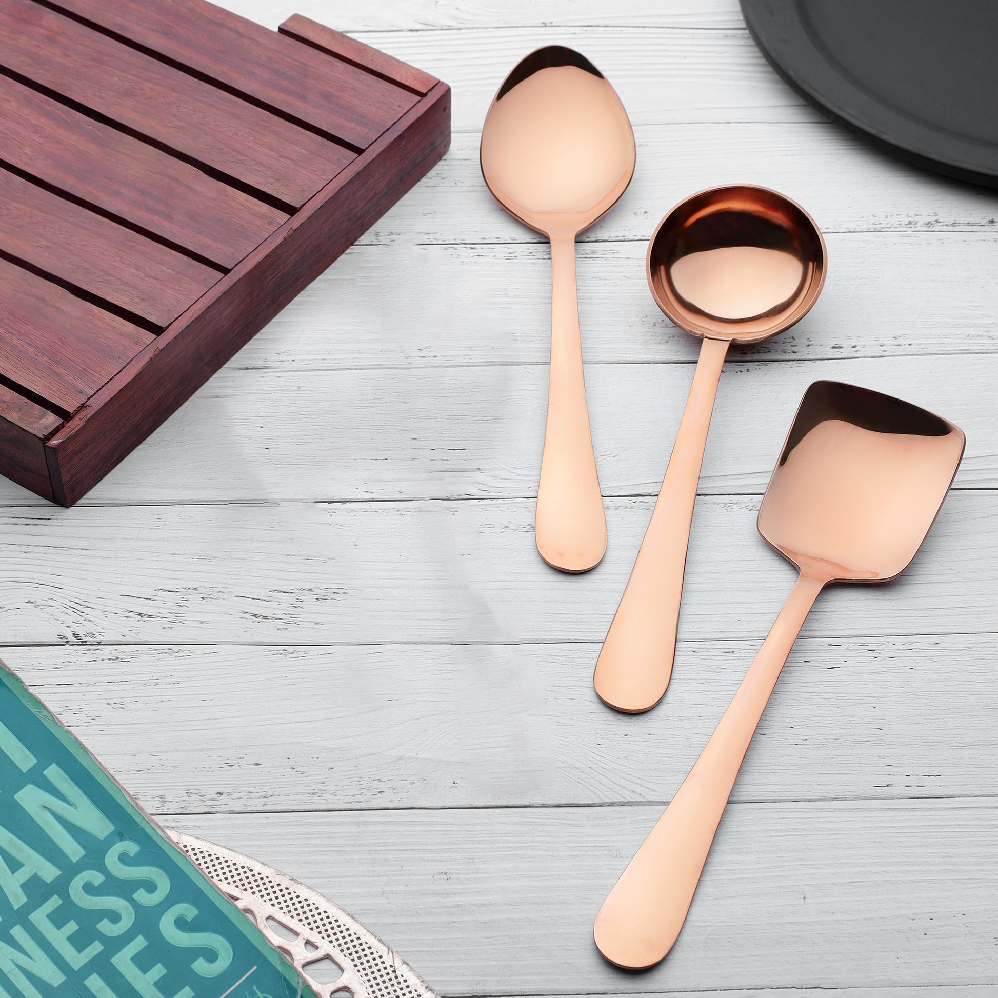 3-Piece Stainless Steel Rose Gold Serving Spoon Set | Heavy Gauge 1.8mm, 1 Soup, 1 Solid & 1 Rice Spoons ROYALPVDRGSS3 2